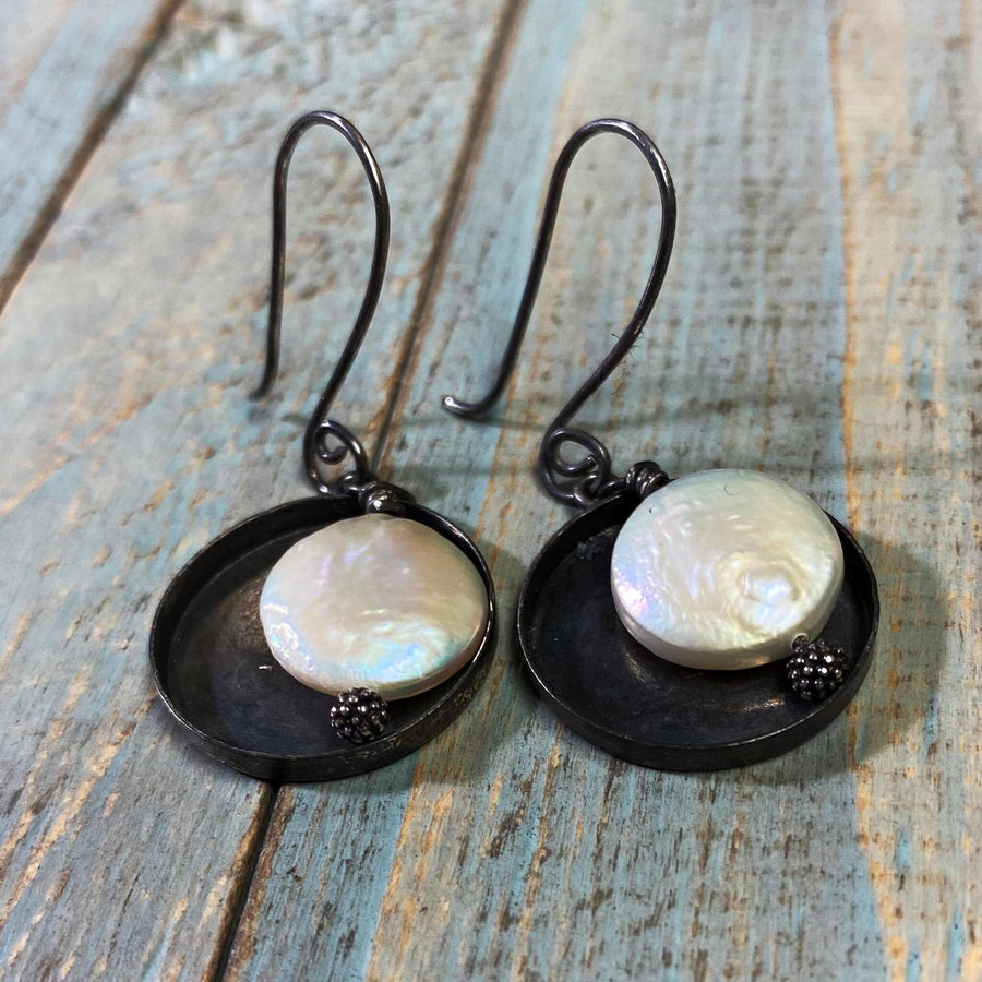 Artisan Blackened Sterling Silver and Creamy Coin Pearl Earrings, Contrast Black and White, Unique and OOAK, Handmade, Spiral Ear Wires