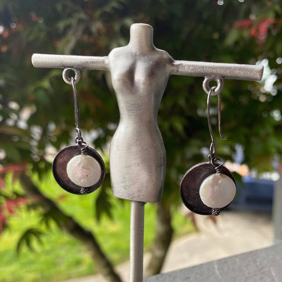 Artisan Blackened Sterling Silver and Creamy Coin Pearl Earrings, Contrast Black and White, Unique and OOAK, Handmade, Spiral Ear Wires