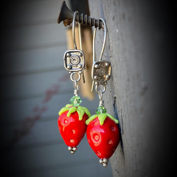 Stunning Artisan Sterling Silver and Strawberry Lampwork Glass Fruit Red Green Earrings Earwire Sterling and Glass Zoom ready earrings