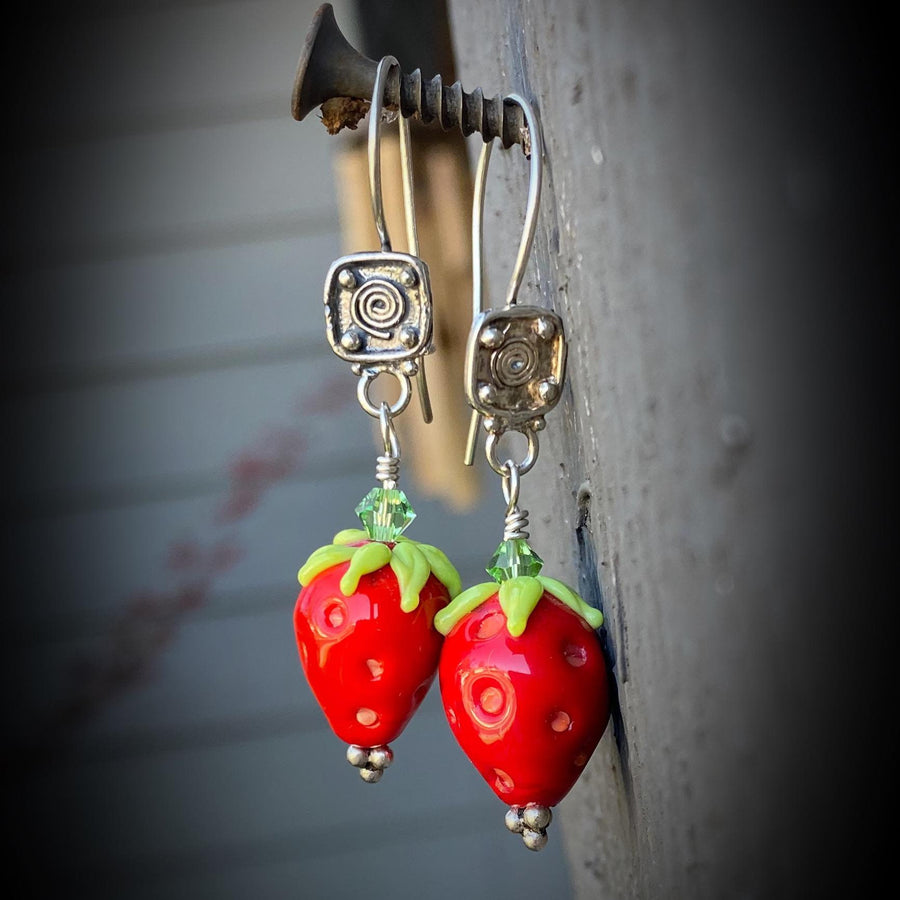 Stunning Artisan Sterling Silver and Strawberry Lampwork Glass Fruit Red Green Earrings Earwire Sterling and Glass Zoom ready earrings