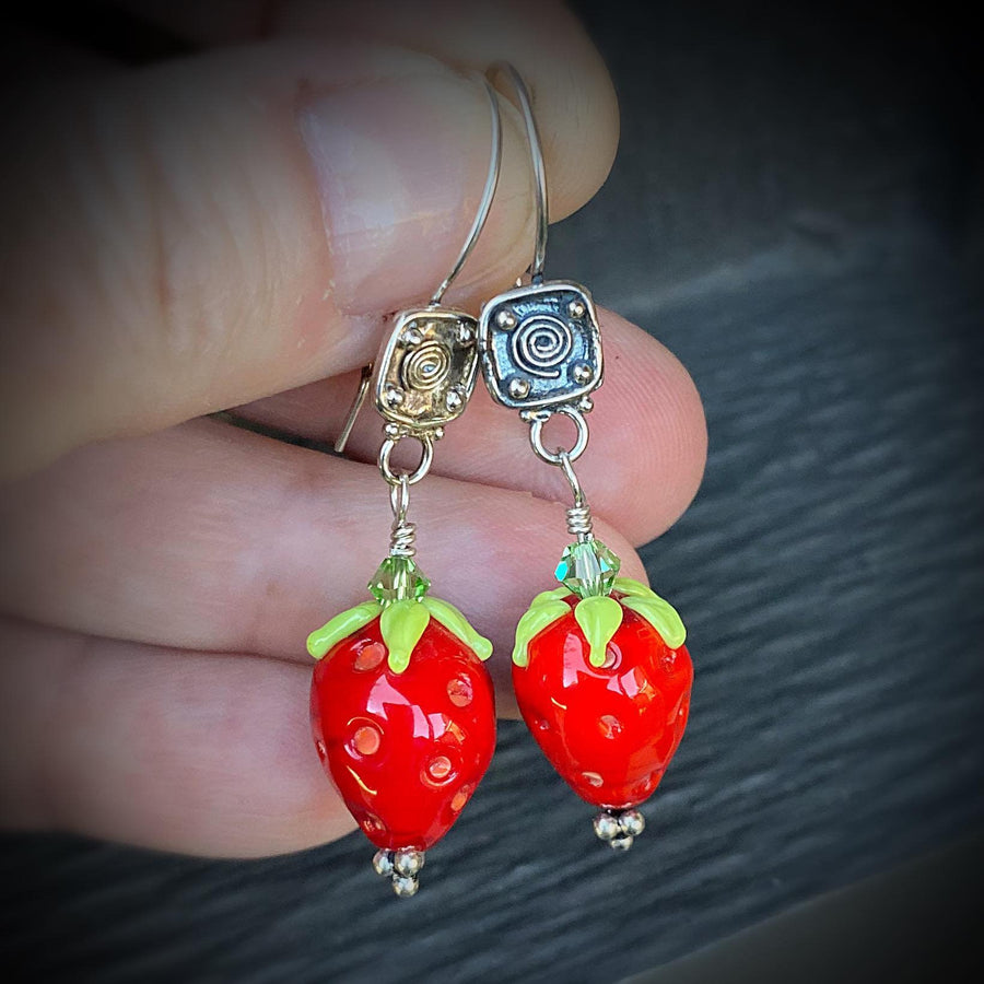 Stunning Artisan Sterling Silver and Strawberry Lampwork Glass Fruit Red Green Earrings Earwire Sterling and Glass Zoom ready earrings