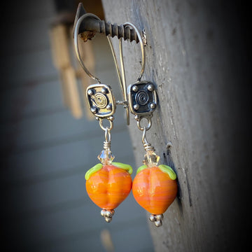 Stunning Artisan Sterling Silver and Peach Lampwork Glass Fruit Orange Green Earrings Earwire Sterling and Glass Zoom ready earrings