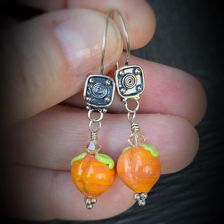 Stunning Artisan Sterling Silver and Peach Lampwork Glass Fruit Orange Green Earrings Earwire Sterling and Glass Zoom ready earrings