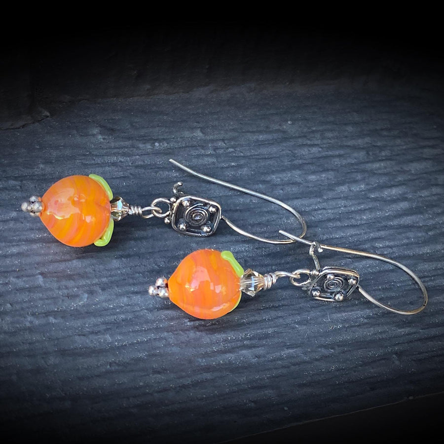 Stunning Artisan Sterling Silver and Peach Lampwork Glass Fruit Orange Green Earrings Earwire Sterling and Glass Zoom ready earrings