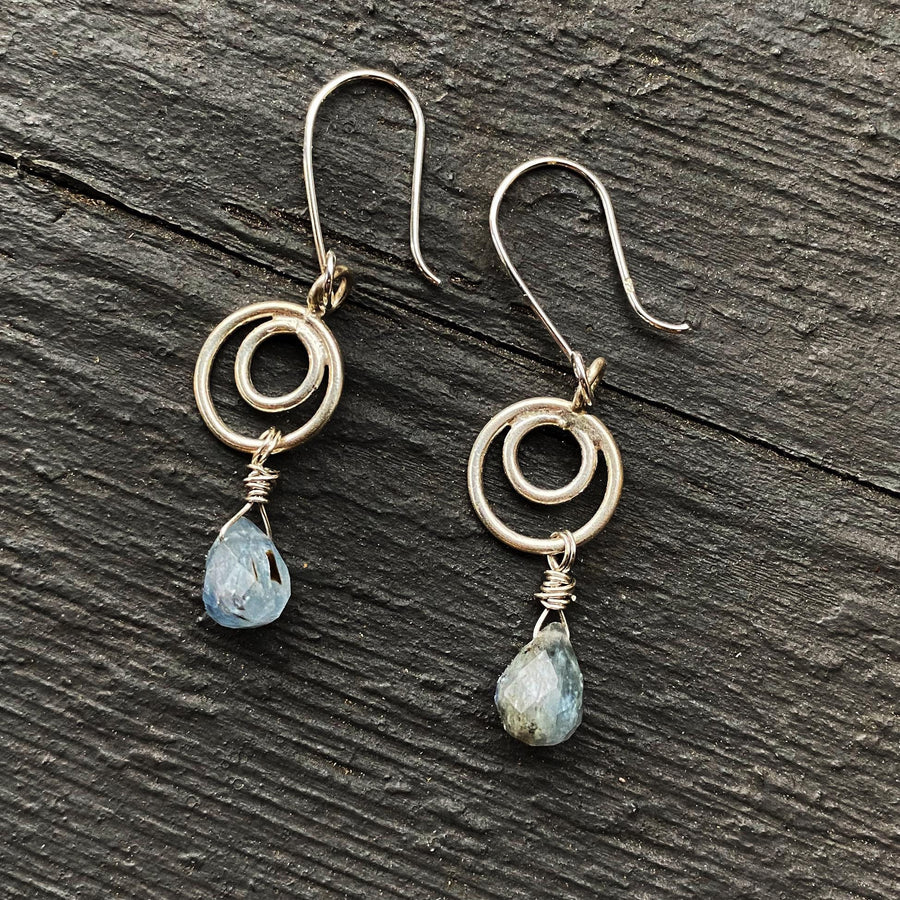 Artisan Sterling Silver and faceted Biolettes of Kyanite, with Silver Circles, Dangle Earrings, Bali Earwires, Versatile Everyday, silvery