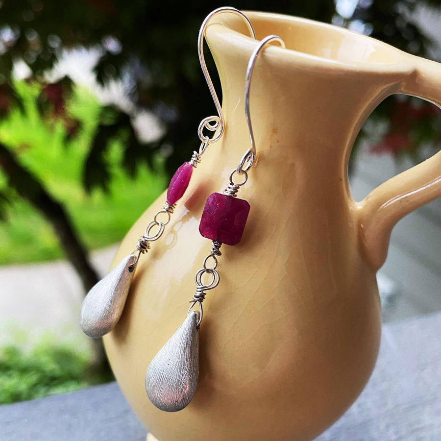 Artisan Sterling Silver Long Teardrop and Ruby Cushion Earrings, Genuine Rubies, Faceted Gemstone Earwire Ear Wire Valentine Gift