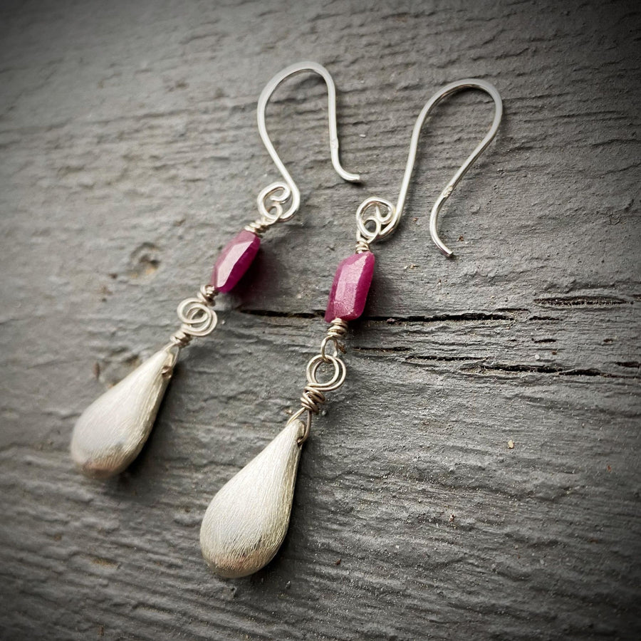 Artisan Sterling Silver Long Teardrop and Ruby Cushion Earrings, Genuine Rubies, Faceted Gemstone Earwire Ear Wire Valentine Gift