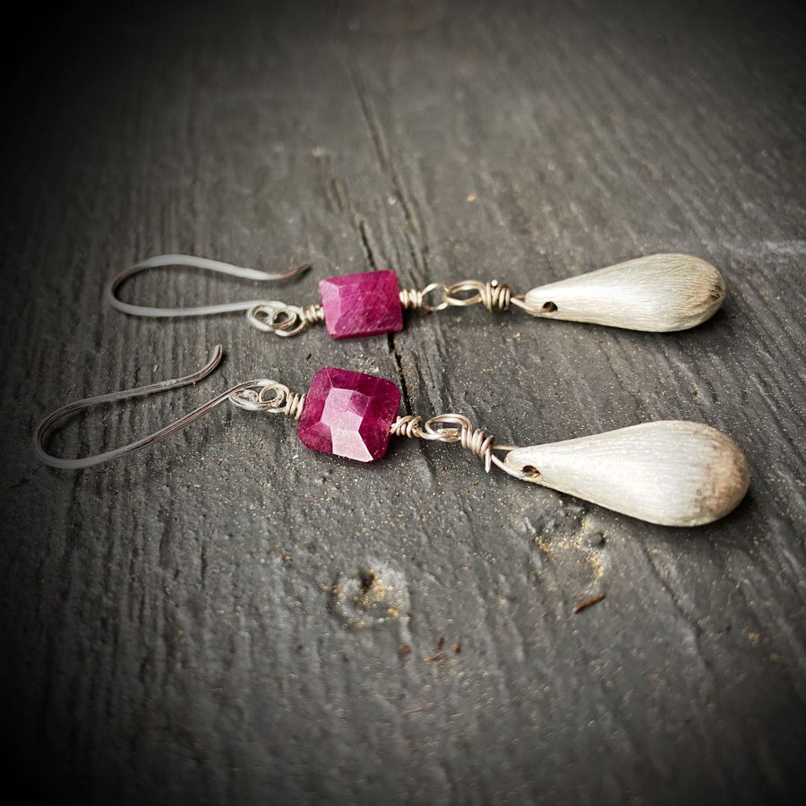 Artisan Sterling Silver Long Teardrop and Ruby Cushion Earrings, Genuine Rubies, Faceted Gemstone Earwire Ear Wire Valentine Gift