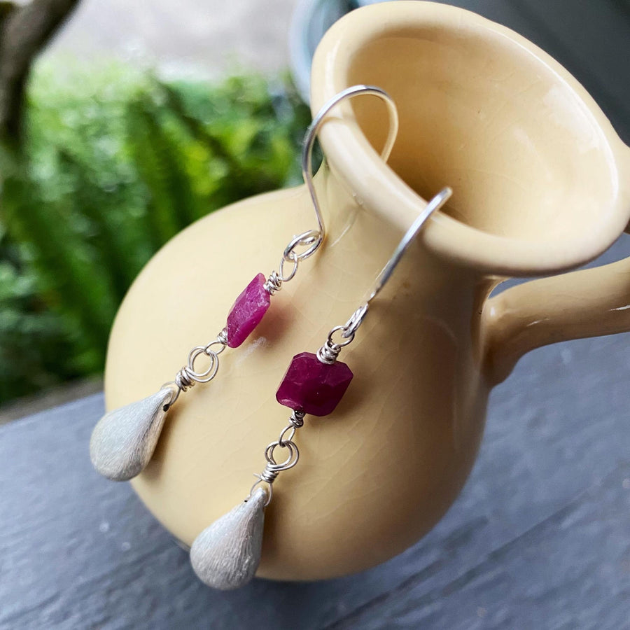 Artisan Sterling Silver Long Teardrop and Ruby Cushion Earrings, Genuine Rubies, Faceted Gemstone Earwire Ear Wire Valentine Gift