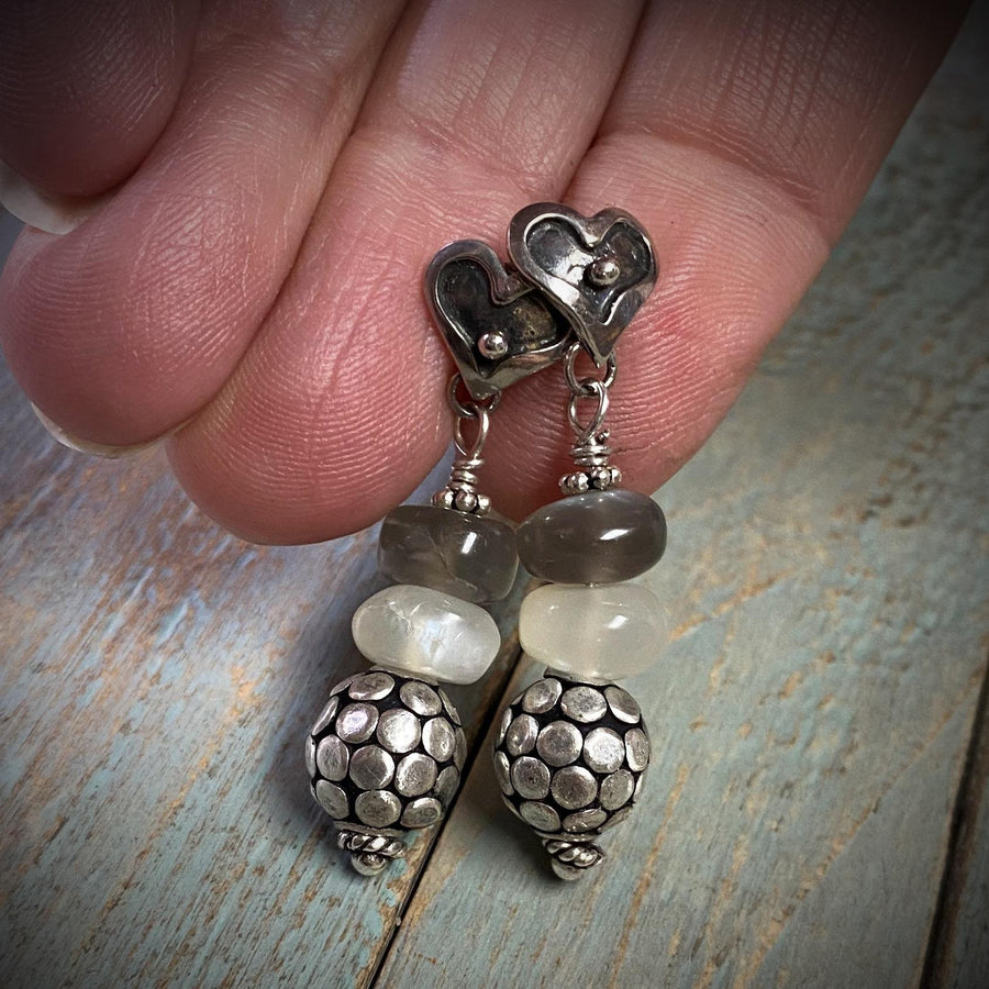 Artisan Sterling Silver & White and Grey Moonstone Earrings with Sterling Heart Posts, Gray Moonstone, White Moonstone, Bali Sterling Silver