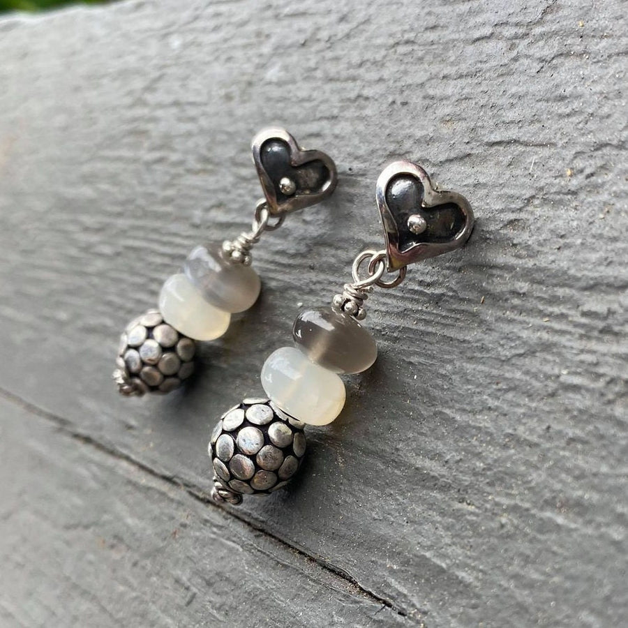 Artisan Sterling Silver & White and Grey Moonstone Earrings with Sterling Heart Posts, Gray Moonstone, White Moonstone, Bali Sterling Silver