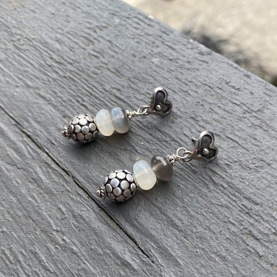 Artisan Sterling Silver & White and Grey Moonstone Earrings with Sterling Heart Posts, Gray Moonstone, White Moonstone, Bali Sterling Silver