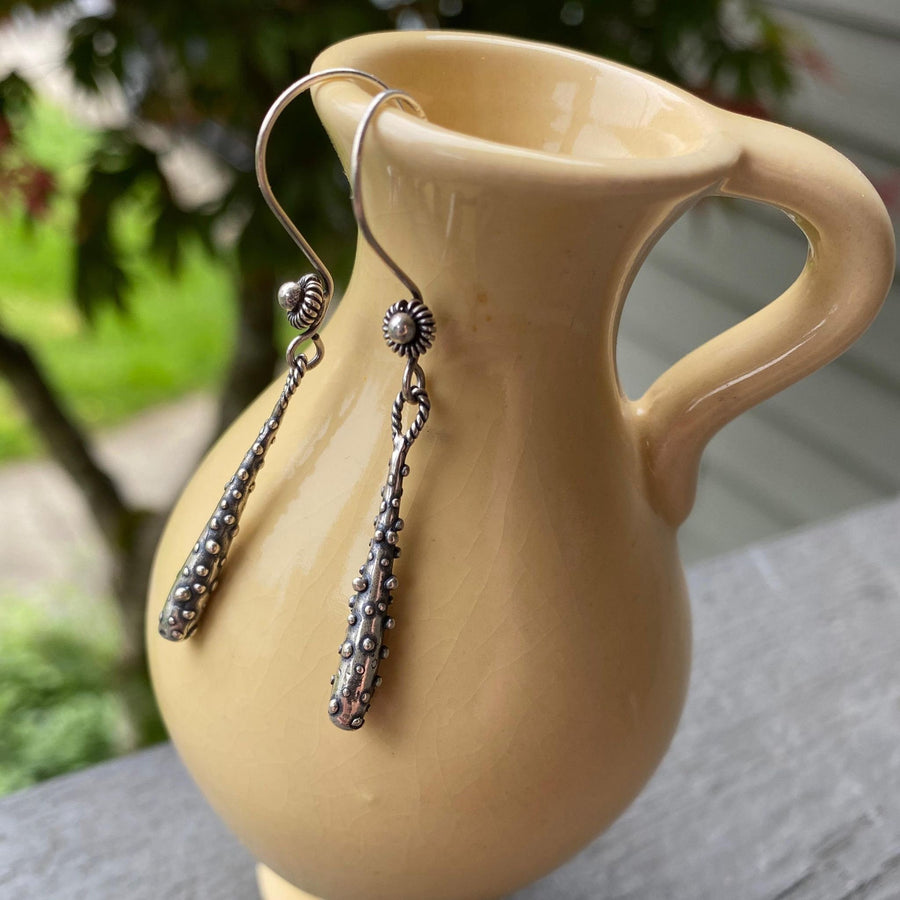 Artisan Sterling Silver Rustic Dotted Drop Earrings. Simple yet versatile, elegant and unusual. Sterling Bali Ear wire with Granulation Drop