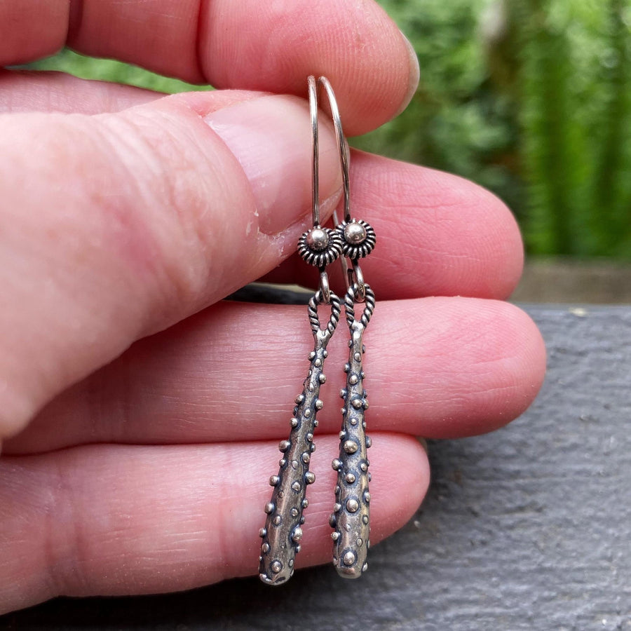 Artisan Sterling Silver Rustic Dotted Drop Earrings. Simple yet versatile, elegant and unusual. Sterling Bali Ear wire with Granulation Drop