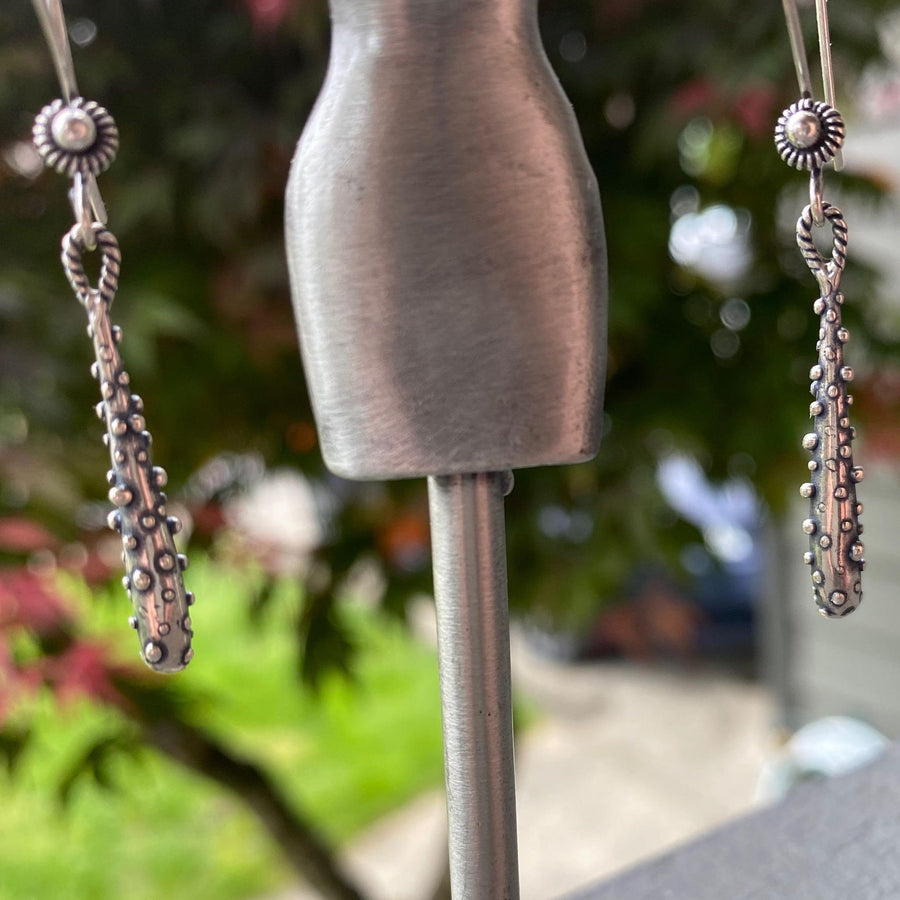 Artisan Sterling Silver Rustic Dotted Drop Earrings. Simple yet versatile, elegant and unusual. Sterling Bali Ear wire with Granulation Drop