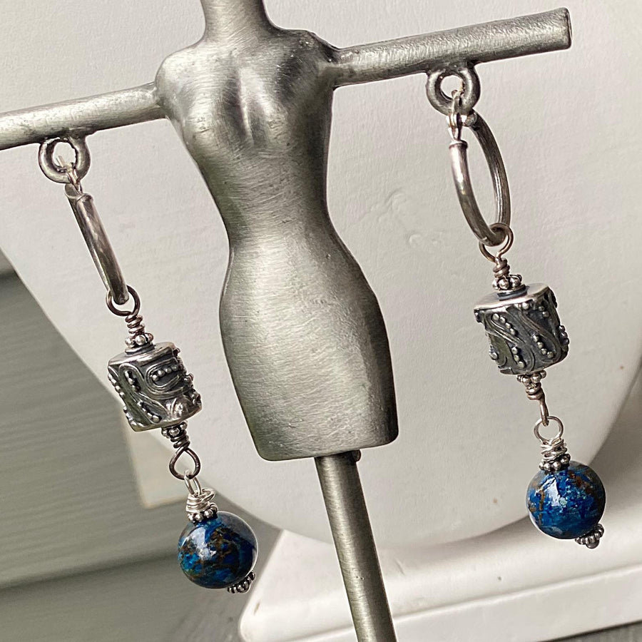 Artisan Sterling Silver & Chrysacolla Earrings with Sterling Earwires, Beautiful Navy Turquoise Burgundy and Bali Silver, Click Down Hoops