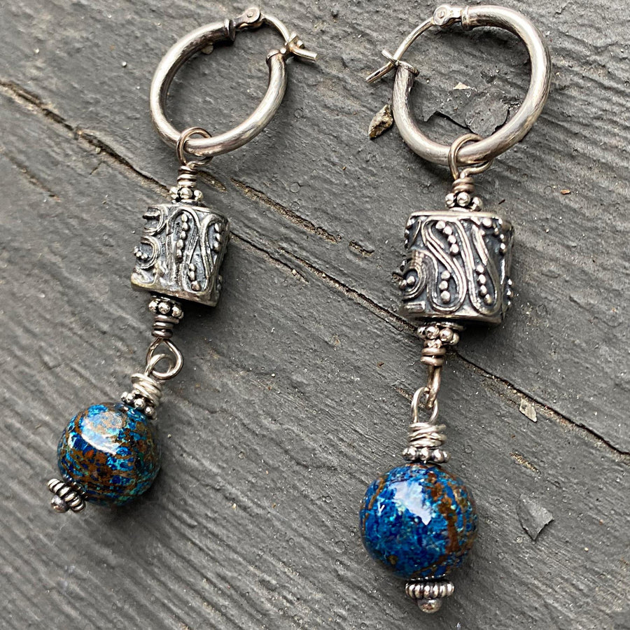 Artisan Sterling Silver & Chrysacolla Earrings with Sterling Earwires, Beautiful Navy Turquoise Burgundy and Bali Silver, Click Down Hoops