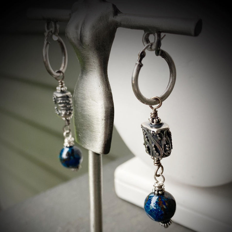 Artisan Sterling Silver & Chrysacolla Earrings with Sterling Earwires, Beautiful Navy Turquoise Burgundy and Bali Silver, Click Down Hoops