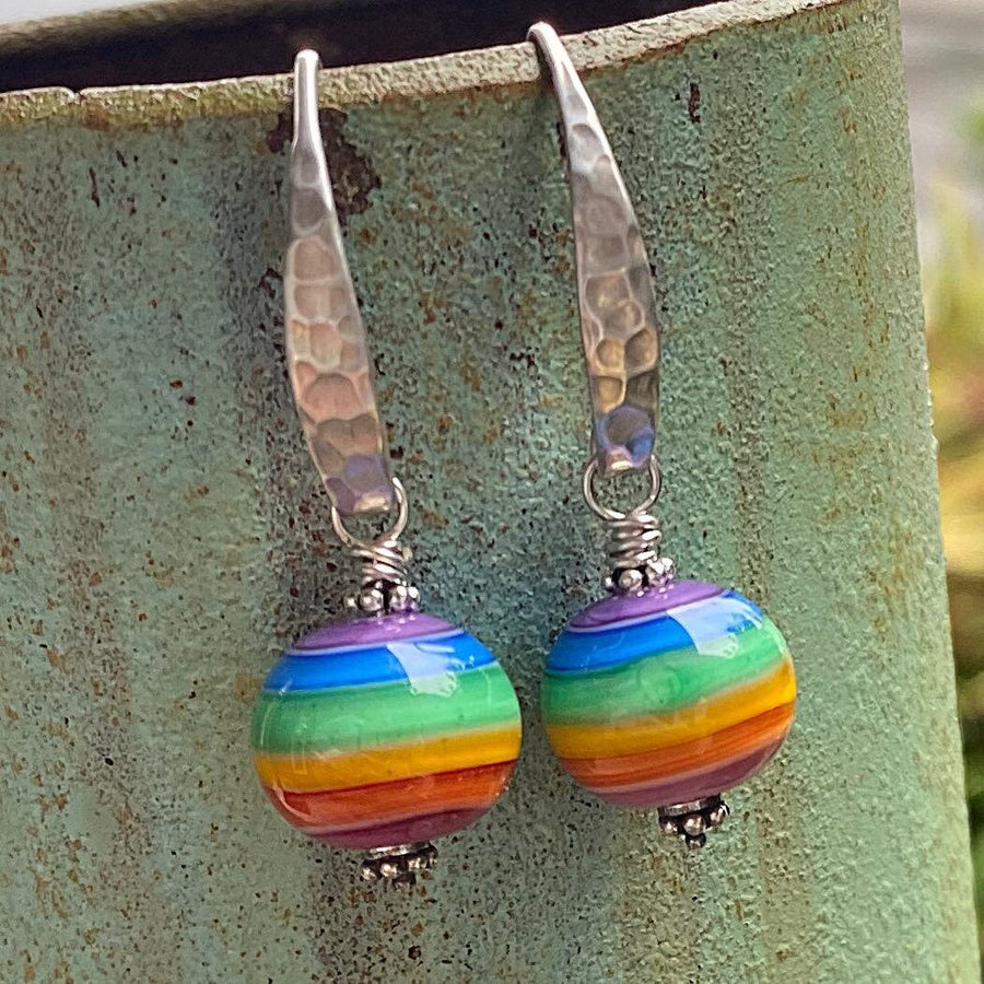 Artisan Sterling Silver & Rainbow Round Lampwork Glass Earrings with Sterling Earwires, Stripes, Colors, Symbolic, LGBTQ+Bali Ear Wires Hook