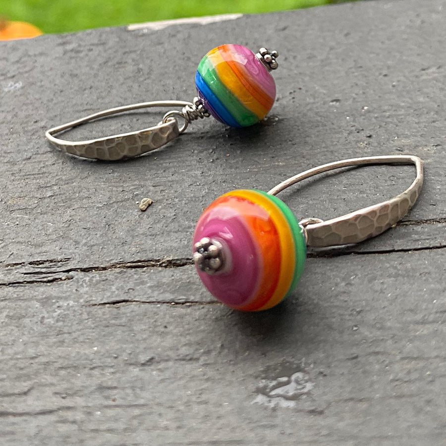 Artisan Sterling Silver & Rainbow Round Lampwork Glass Earrings with Sterling Earwires, Stripes, Colors, Symbolic, LGBTQ+Bali Ear Wires Hook