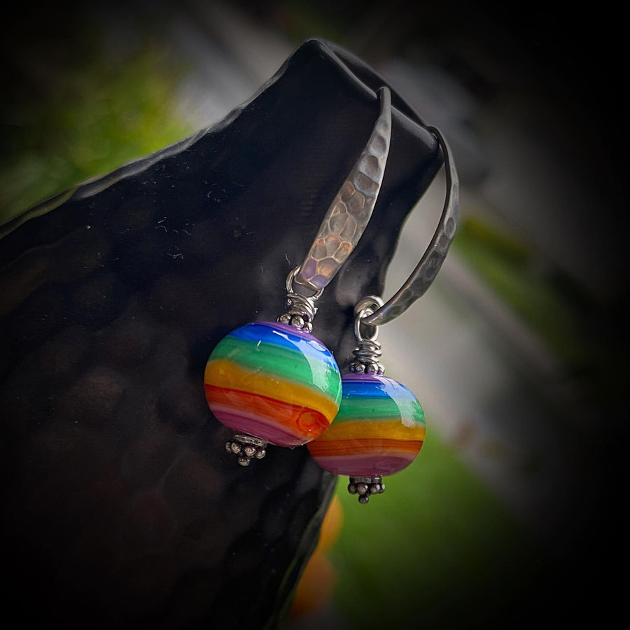 Artisan Sterling Silver & Rainbow Round Lampwork Glass Earrings with Sterling Earwires, Stripes, Colors, Symbolic, LGBTQ+Bali Ear Wires Hook