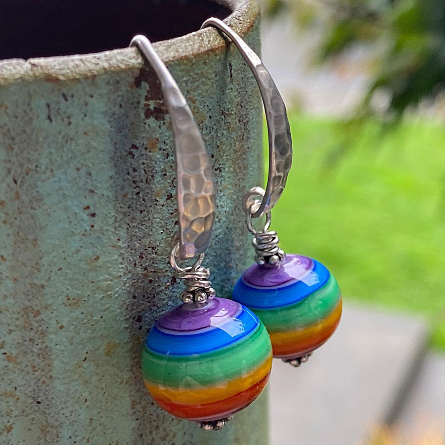 Artisan Sterling Silver & Rainbow Round Lampwork Glass Earrings with Sterling Earwires, Stripes, Colors, Symbolic, LGBTQ+Bali Ear Wires Hook