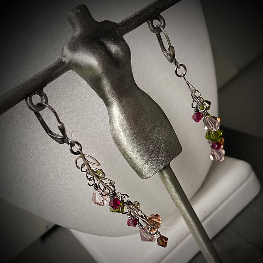 Artisan Sterling Silver and Swarovski Crystal delicate Leaves or Branch minimalist earrings, Multicolor pink, amber, olive, brown, fuschia