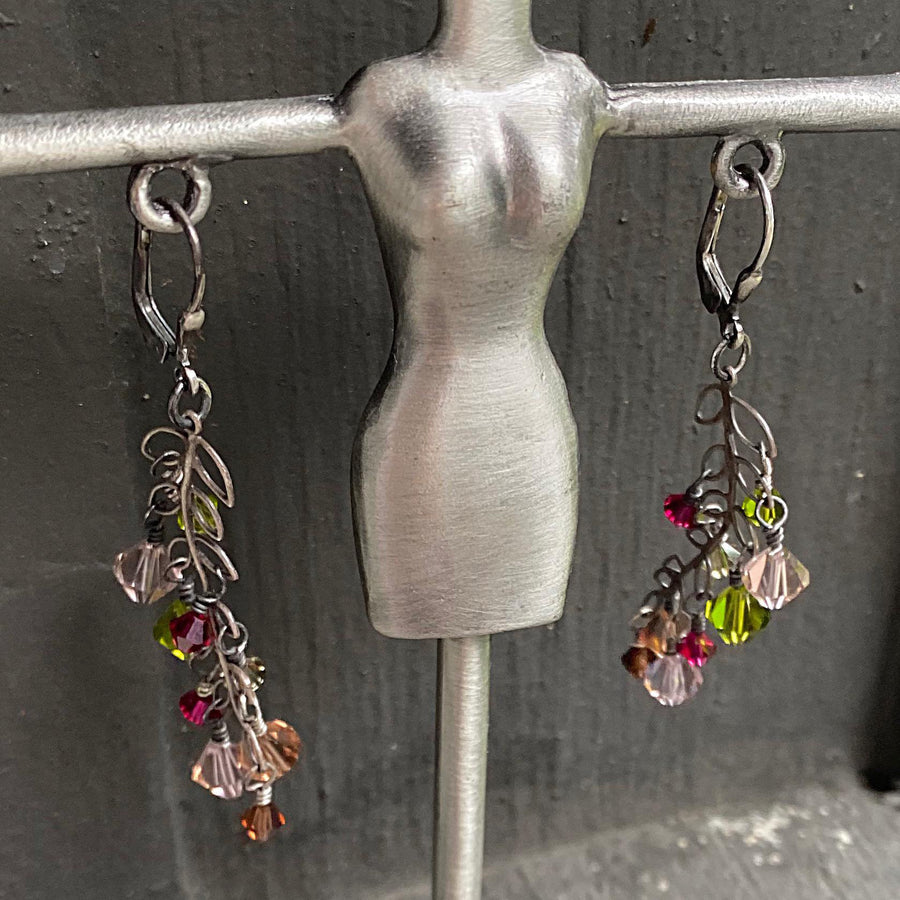 Artisan Sterling Silver and Swarovski Crystal delicate Leaves or Branch minimalist earrings, Multicolor pink, amber, olive, brown, fuschia