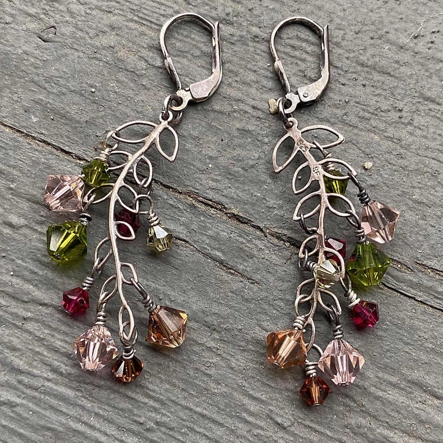 Artisan Sterling Silver and Swarovski Crystal delicate Leaves or Branch minimalist earrings, Multicolor pink, amber, olive, brown, fuschia