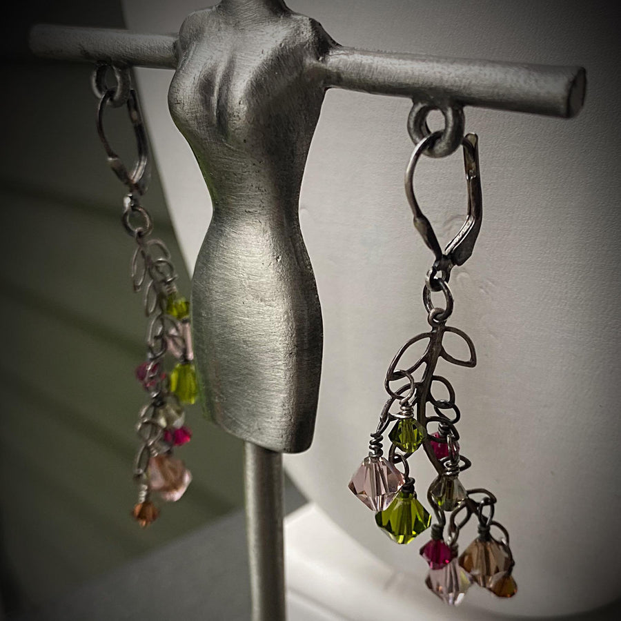 Artisan Sterling Silver and Swarovski Crystal delicate Leaves or Branch minimalist earrings, Multicolor pink, amber, olive, brown, fuschia