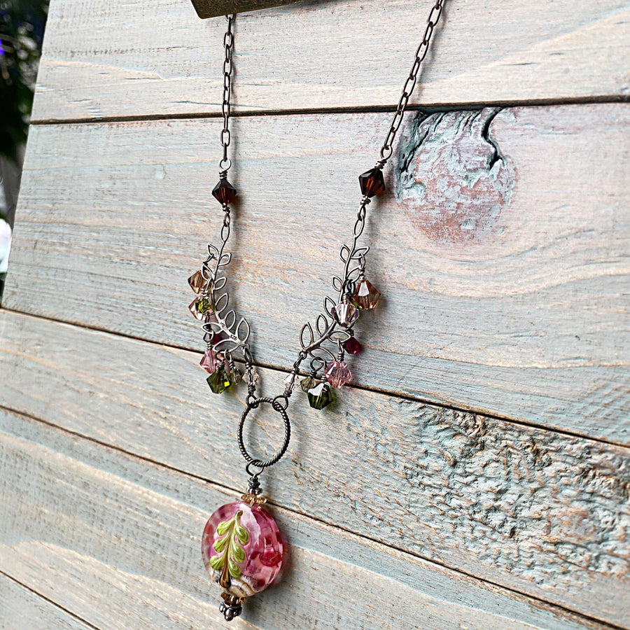 Artisan Sterling Silver & Swarovski Crystal delicate Leaves Tree and Lampwork Glass intricate necklace, pink, amber, olive, brown, fuschia