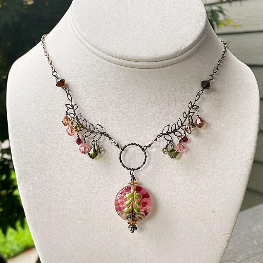 Artisan Sterling Silver & Swarovski Crystal delicate Leaves Tree and Lampwork Glass intricate necklace, pink, amber, olive, brown, fuschia