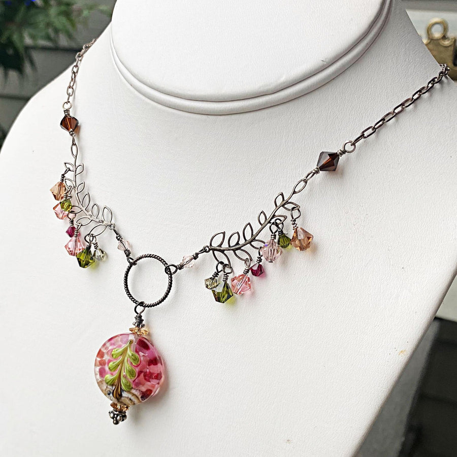 Artisan Sterling Silver & Swarovski Crystal delicate Leaves Tree and Lampwork Glass intricate necklace, pink, amber, olive, brown, fuschia