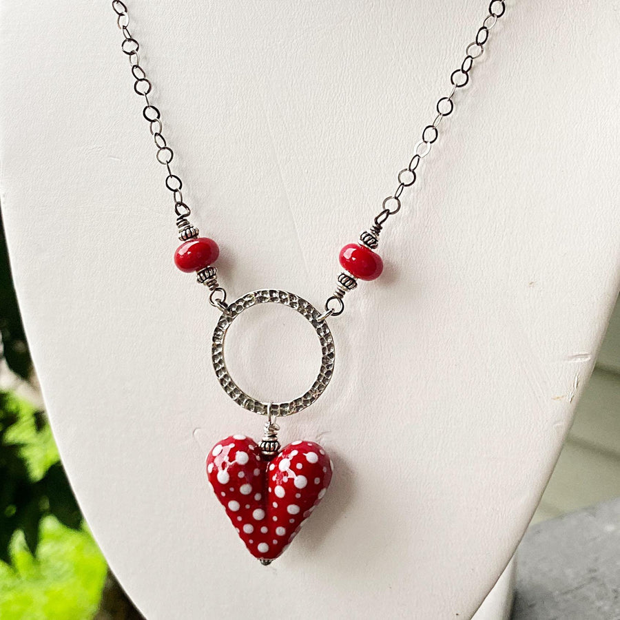 Artisan Sterling Silver & Dotted Lampwork Glass Heart necklace Red and White, Scarlet, Heart Pendant, Dot Lampwork, Handmade Antiqued Silver