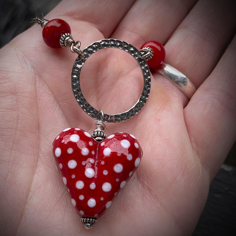 Artisan Sterling Silver & Dotted Lampwork Glass Heart necklace Red and White, Scarlet, Heart Pendant, Dot Lampwork, Handmade Antiqued Silver