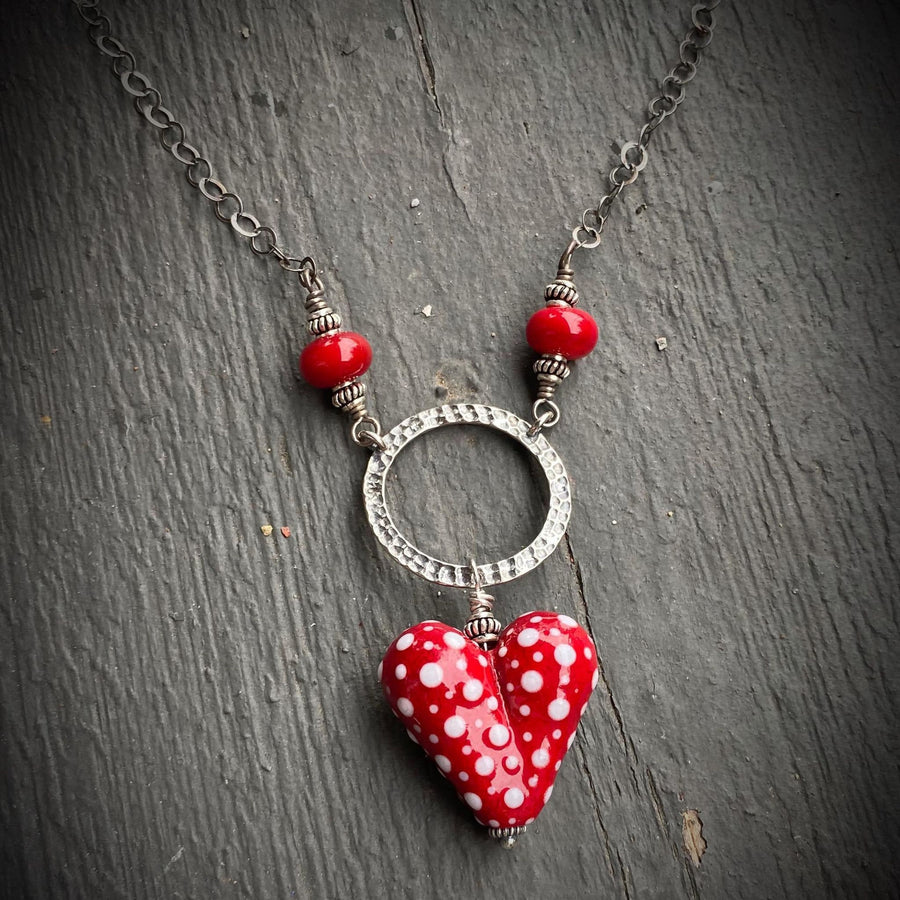 Artisan Sterling Silver & Dotted Lampwork Glass Heart necklace Red and White, Scarlet, Heart Pendant, Dot Lampwork, Handmade Antiqued Silver