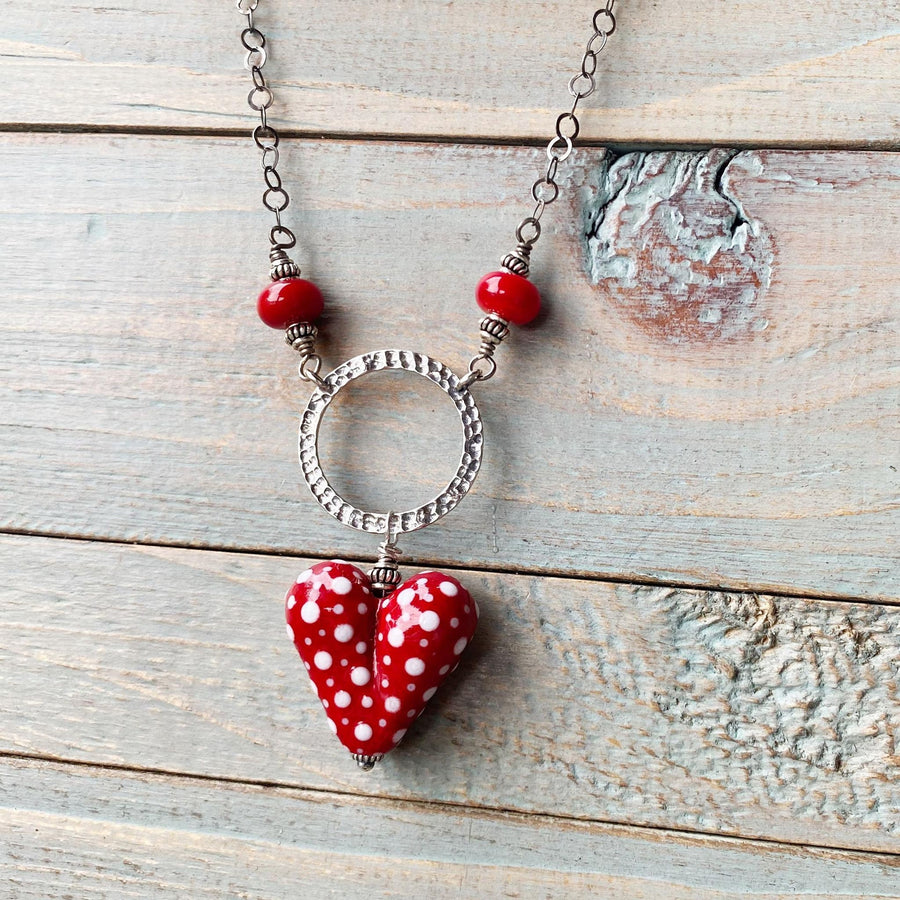 Artisan Sterling Silver & Dotted Lampwork Glass Heart necklace Red and White, Scarlet, Heart Pendant, Dot Lampwork, Handmade Antiqued Silver