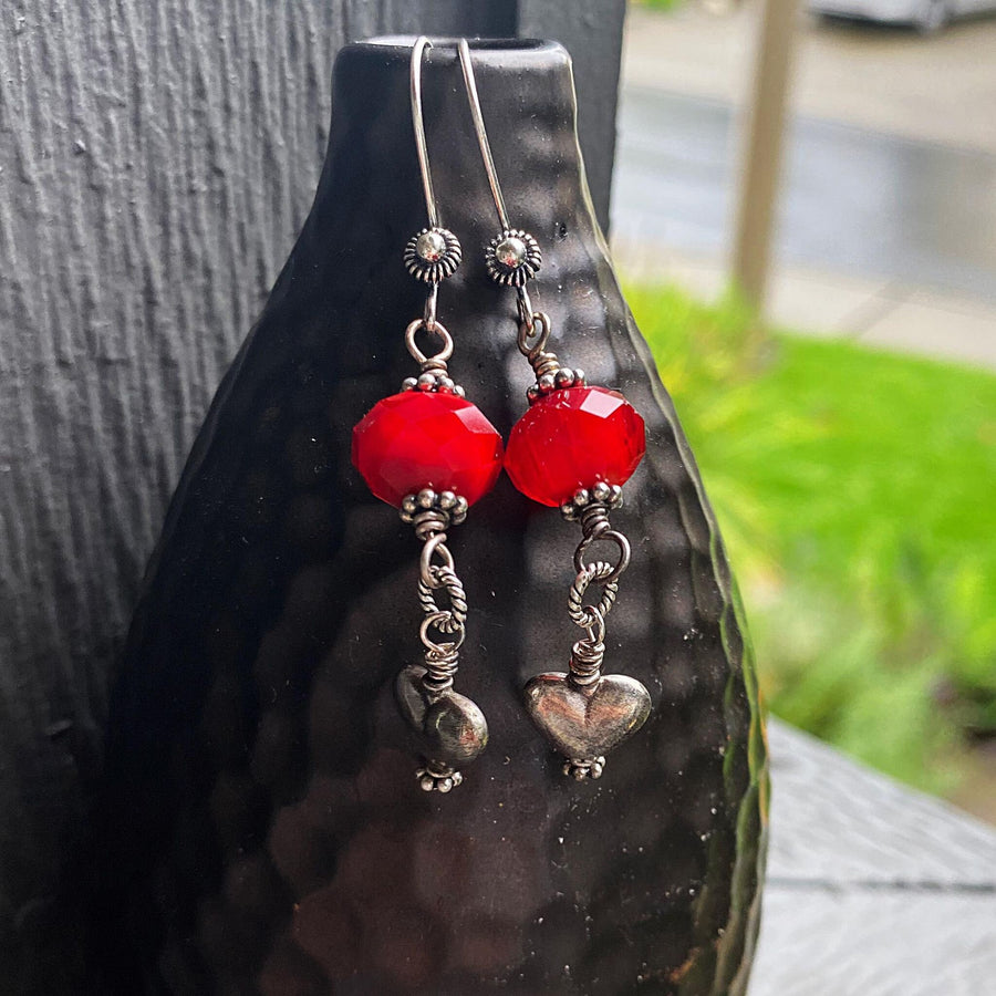 Artisan Sterling Silver & Lampwork Glass Heart Earrings Red and Silver Handmade Antiqued Silver