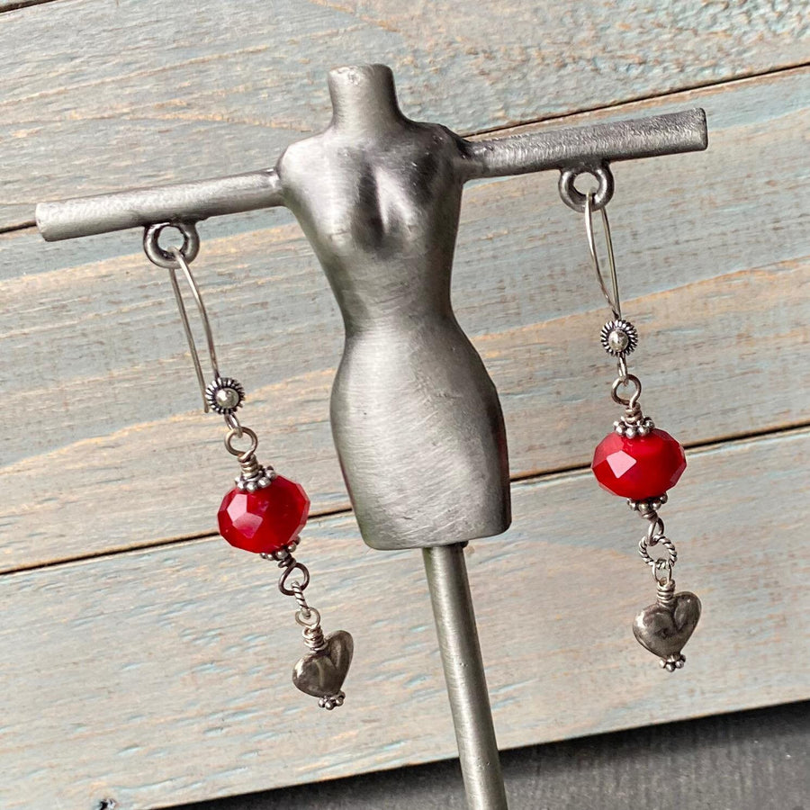 Artisan Sterling Silver & Lampwork Glass Heart Earrings Red and Silver Handmade Antiqued Silver