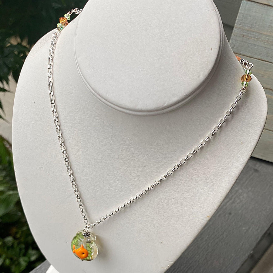 Stunning Artisan Sterling Silver and Goldfish Bowl Lampwork Glass necklace with Leather & Swarovski Crystal Accents, unusual Green Orange