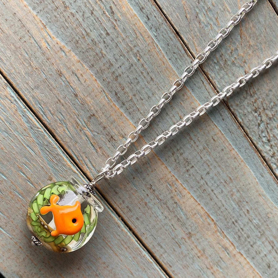 Stunning Artisan Sterling Silver and Goldfish Bowl Lampwork Glass necklace with Leather & Swarovski Crystal Accents, unusual Green Orange