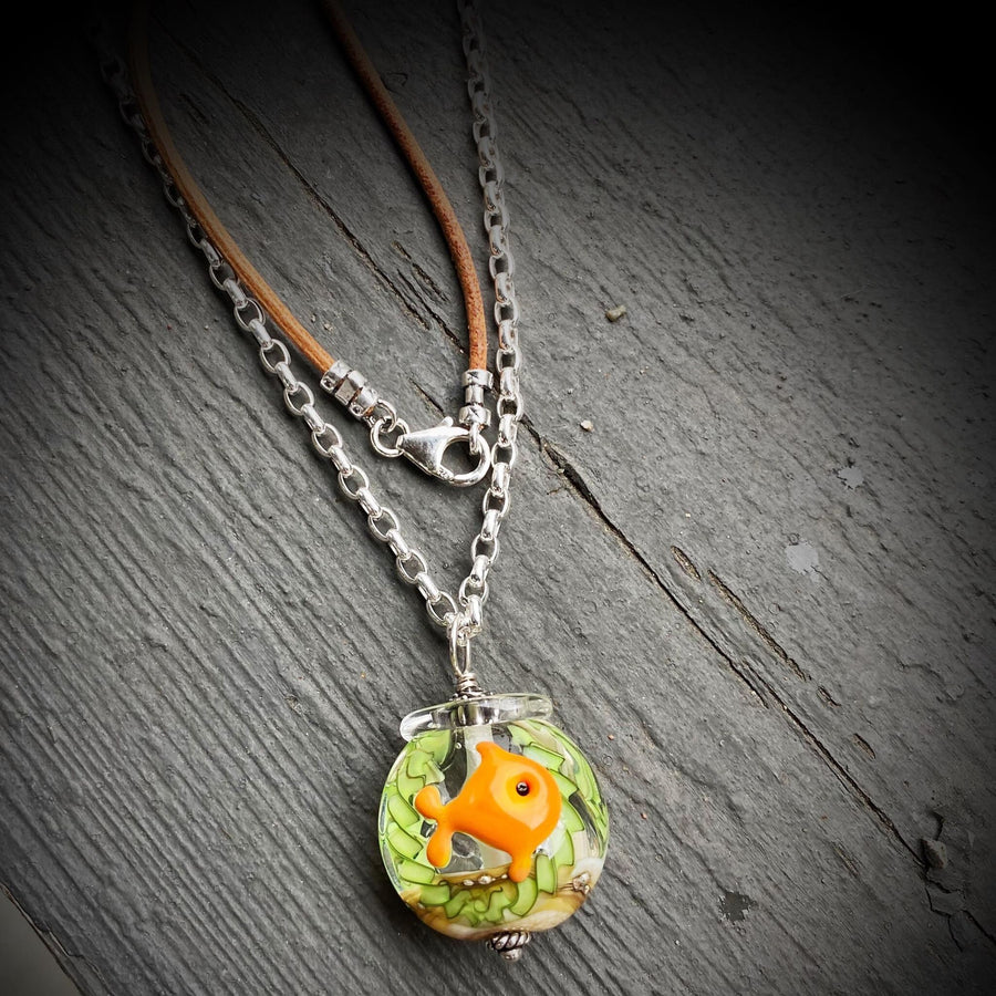 Stunning Artisan Sterling Silver and Goldfish Bowl Lampwork Glass necklace with Leather & Swarovski Crystal Accents, unusual Green Orange