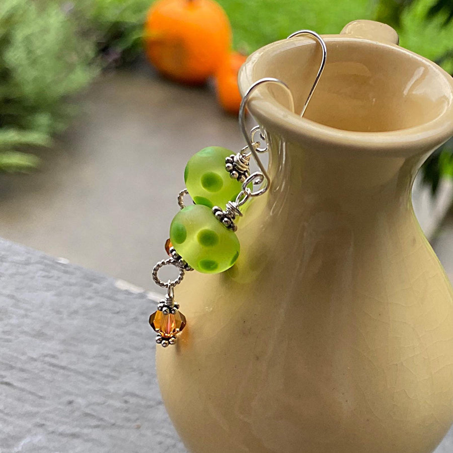 Stunning Artisan Sterling Silver and Dotted Lampwork Glass Green and Burnt Orange Contrast Earrings