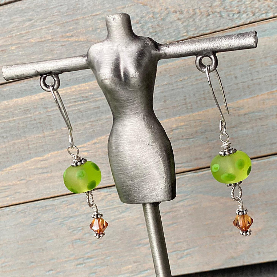 Stunning Artisan Sterling Silver and Dotted Lampwork Glass Green and Burnt Orange Contrast Earrings