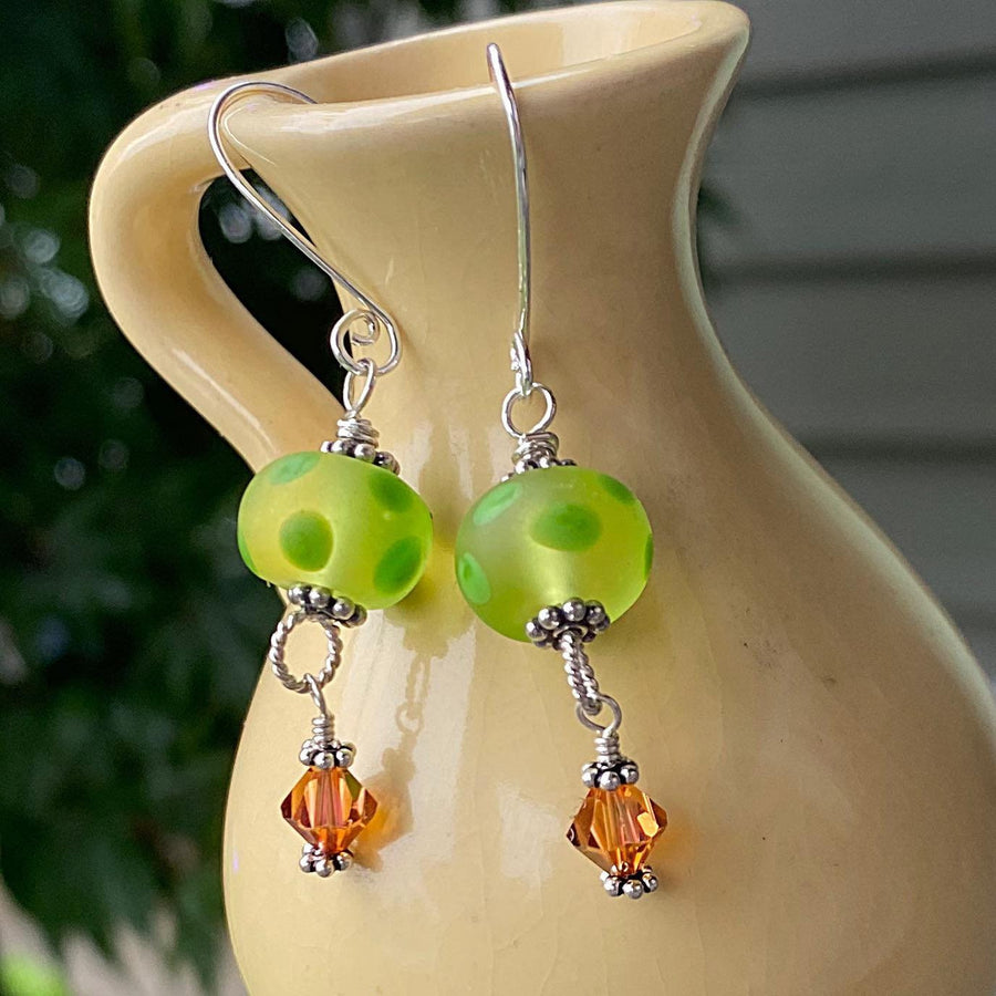 Stunning Artisan Sterling Silver and Dotted Lampwork Glass Green and Burnt Orange Contrast Earrings