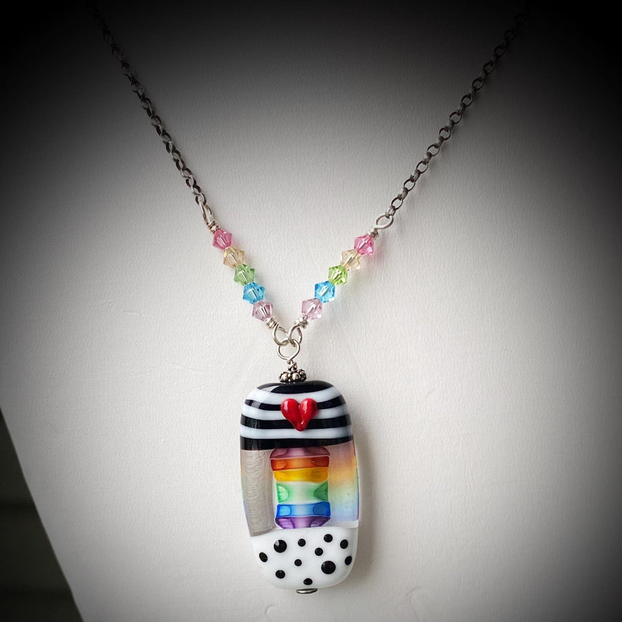 Stunning Artisan Sterling Silver and Rainbow, Stripe, and Dot Lampwork Glass necklace & Swarovski Crystal Accents, LGBTQ, Everyday, Unusual