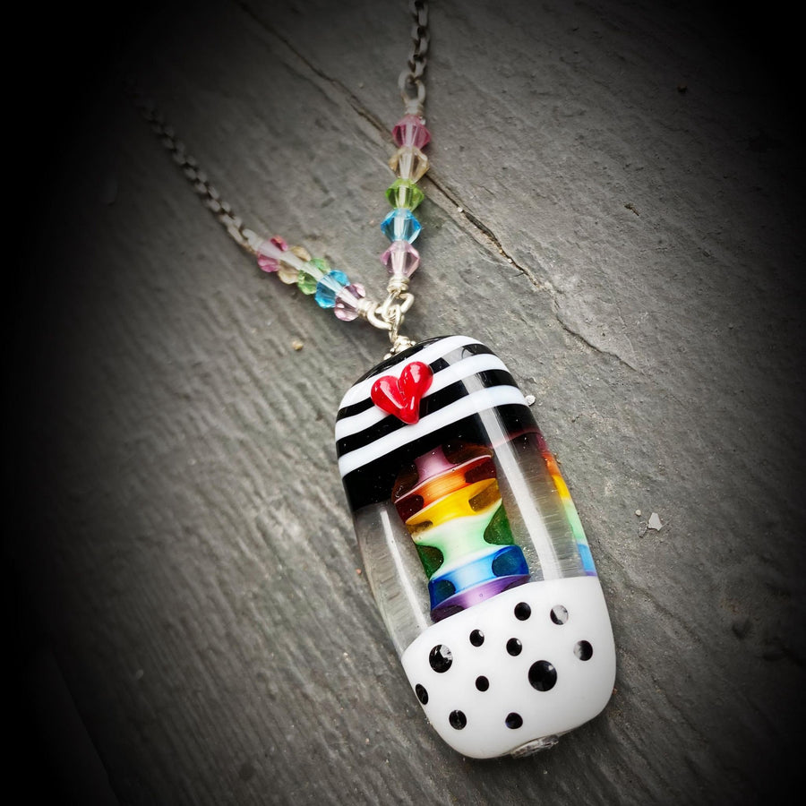 Stunning Artisan Sterling Silver and Rainbow, Stripe, and Dot Lampwork Glass necklace & Swarovski Crystal Accents, LGBTQ, Everyday, Unusual