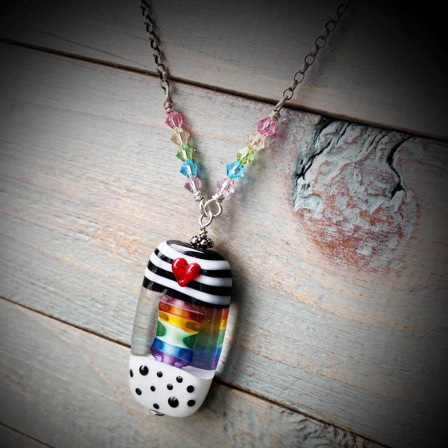 Stunning Artisan Sterling Silver and Rainbow, Stripe, and Dot Lampwork Glass necklace & Swarovski Crystal Accents, LGBTQ, Everyday, Unusual