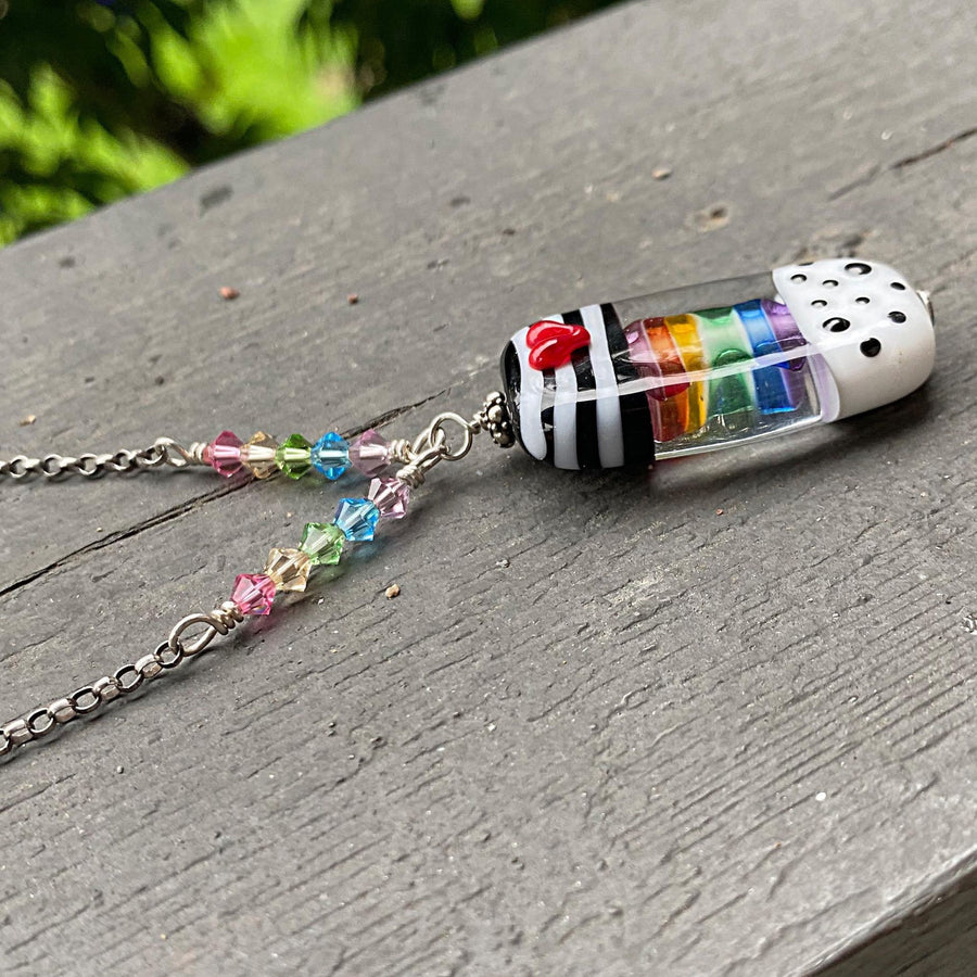 Stunning Artisan Sterling Silver and Rainbow, Stripe, and Dot Lampwork Glass necklace & Swarovski Crystal Accents, LGBTQ, Everyday, Unusual