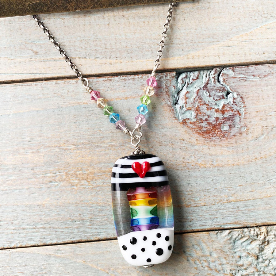 Stunning Artisan Sterling Silver and Rainbow, Stripe, and Dot Lampwork Glass necklace & Swarovski Crystal Accents, LGBTQ, Everyday, Unusual